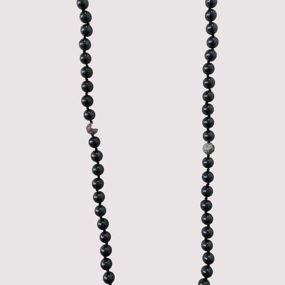 Hematite Set Beaded Necklace 30" Pierced Fishhook Earrings Black White Floral - Picture 4 of 12
